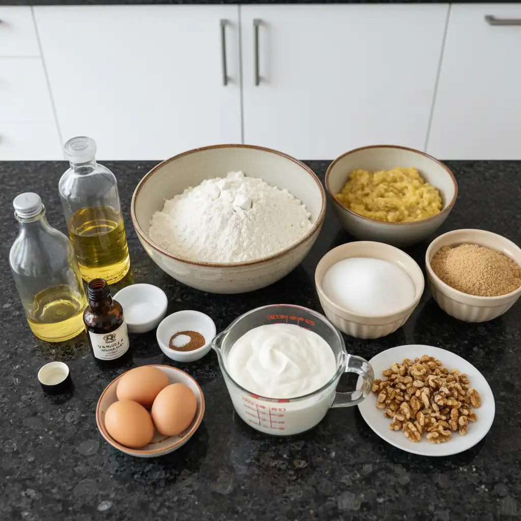All fresh ingredients for baking delicious greek yogurt banana bread, neatly arranged with ripe bananas and creamy yogurt.
