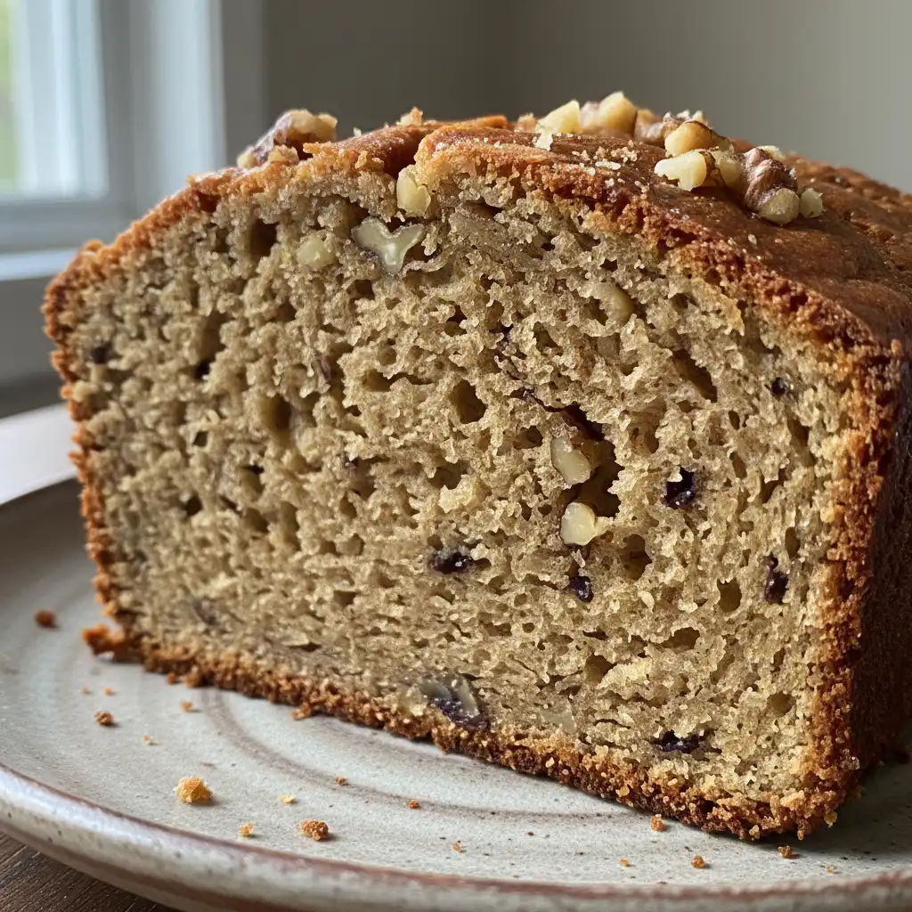 A golden-brown slice of moist greek yogurt banana bread on a rustic wooden board, ready to be enjoyed.