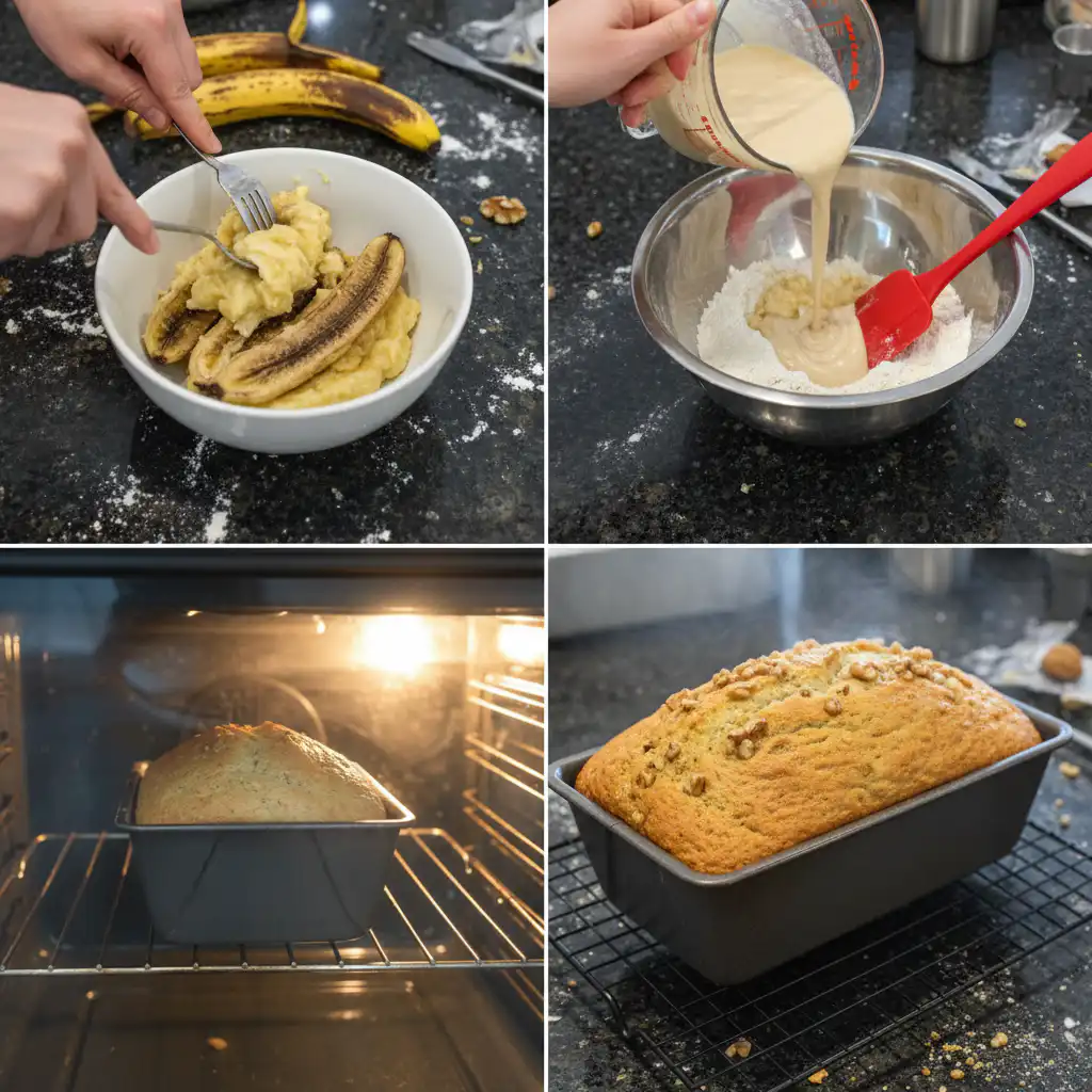 Hands gently mixing the smooth, thick batter for a healthy greek yogurt banana bread in a glass bowl.