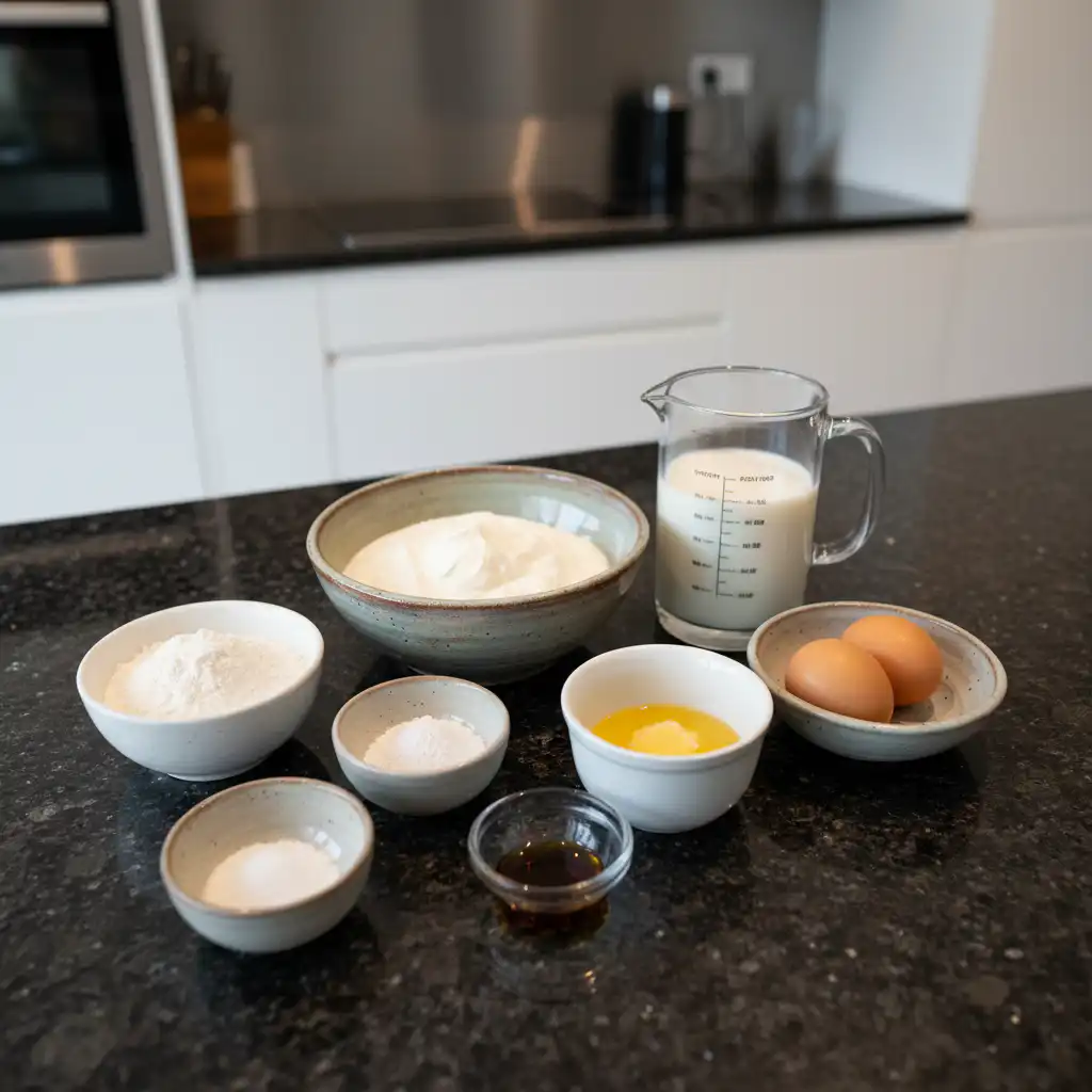 greek-yogurt-pancakes-ingredients Fresh ingredients laid out on a kitchen counter for making delicious greek yogurt pancakes.