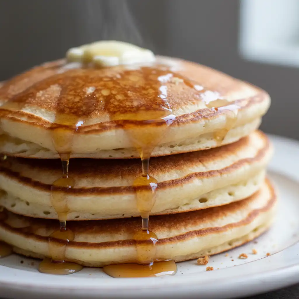 Fluffy greek yogurt pancakes stacked high with fresh berries and maple syrup on a white plate.