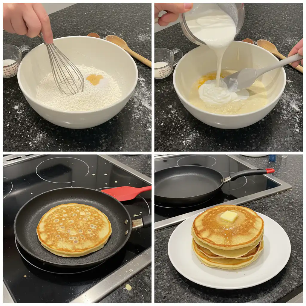 greek-yogurt-pancakes-prep-cooking Pancake batter being poured from a ladle onto a hot griddle to cook perfect greek yogurt pancakes.