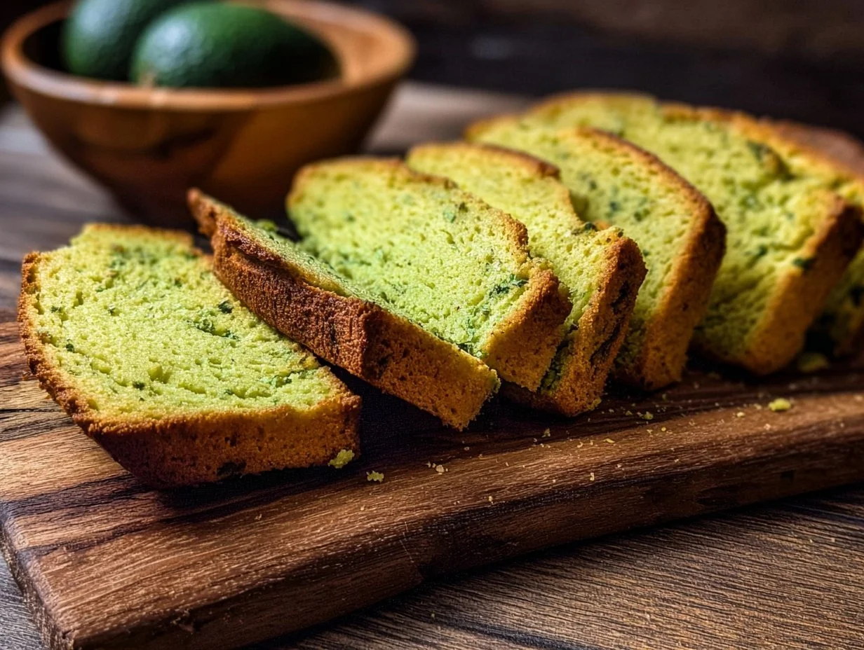Healthy Avocado Bread – Soft, Moist, and Easy 3 Slice of healthy avocado bread on a wooden board with fresh avocado and herbs