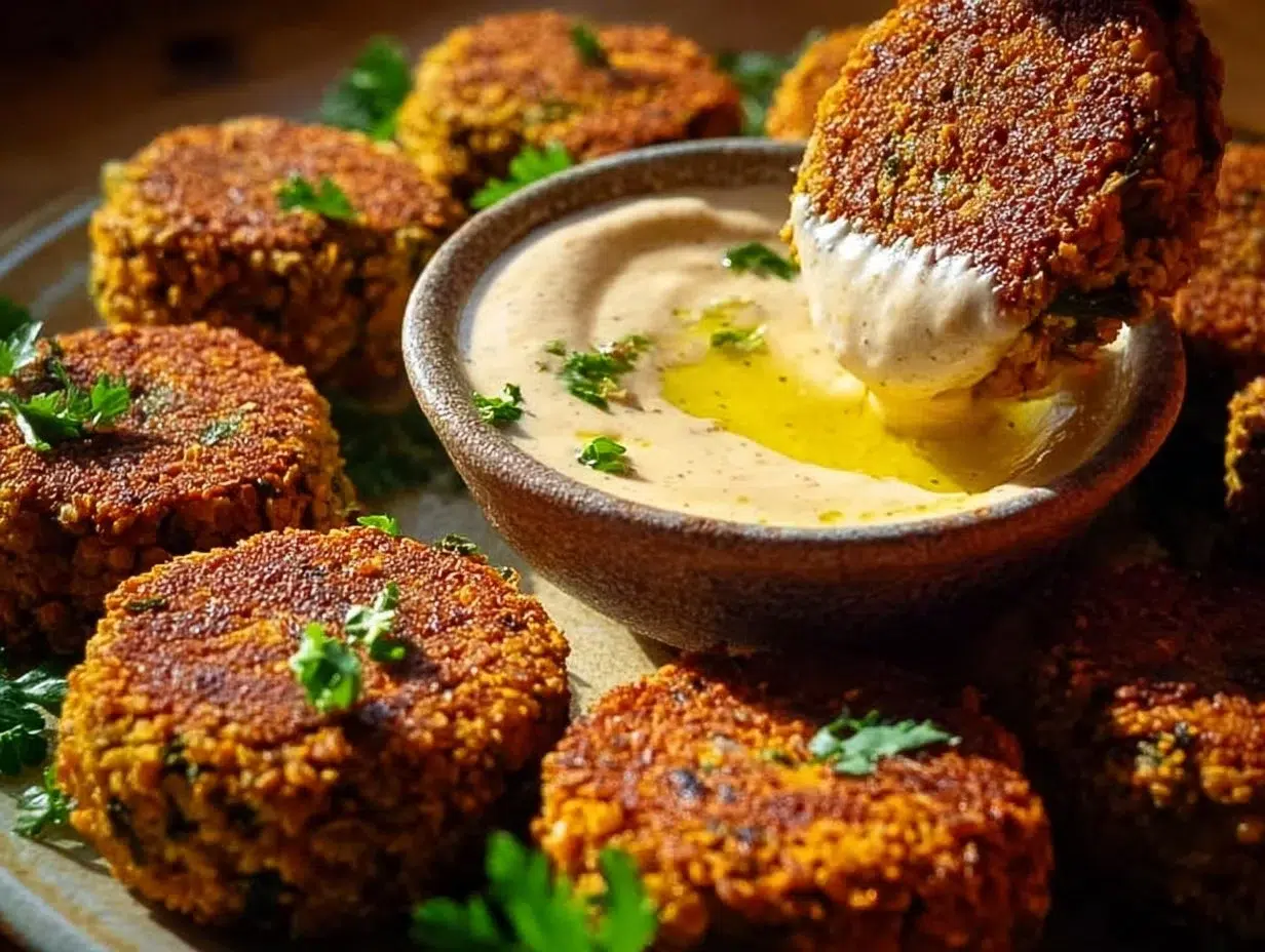 Healthy lentil patties served with lemon tahini dip on a plate.