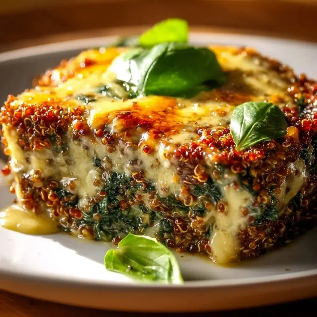 Hearty quinoa lentil spinach casserole fresh from the oven