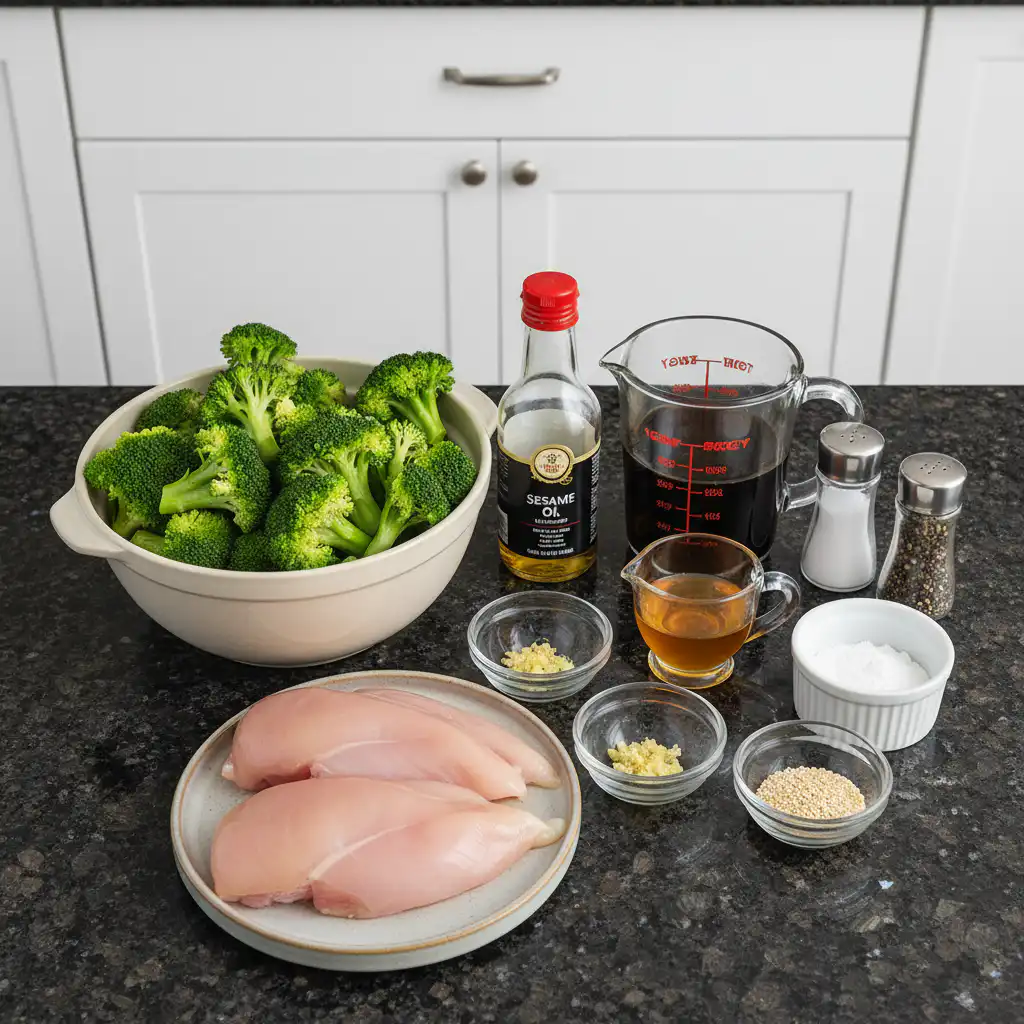 honey-garlic-chicken-stir-fry-ingredients Fresh ingredients laid out for a honey garlic chicken stir fry, including chicken breast, colorful bell peppers, and various sauces.
