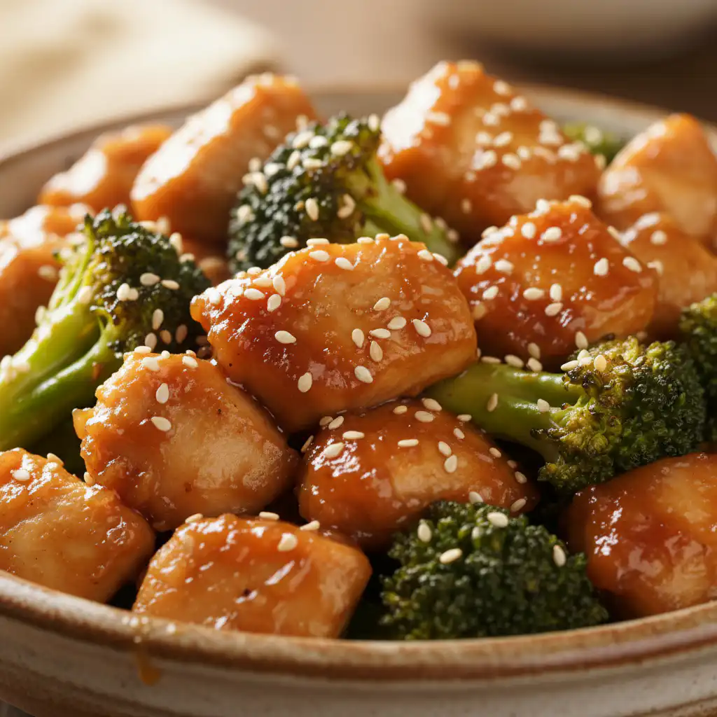 Every Meal, Made Irresistible 9 A vibrant honey garlic chicken stir fry served over rice, garnished with sesame seeds and green onions, showcasing the delicious meal.