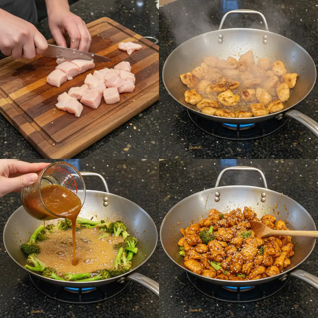 honey-garlic-chicken-stir-fry-prep-cooking Chef stirring succulent pieces of chicken and vibrant vegetables in a hot wok for a honey garlic chicken stir fry.