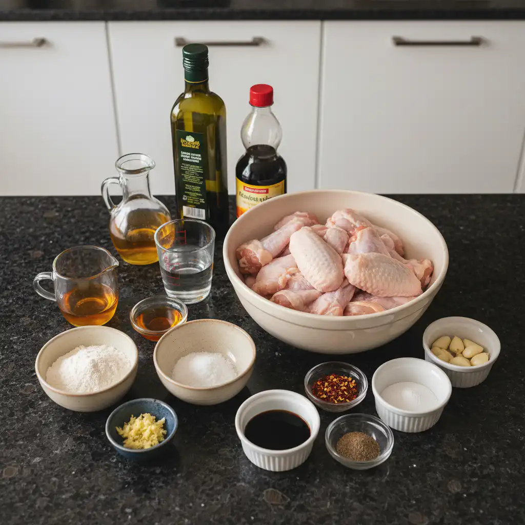 honey-garlic-chicken-wings-ingredients Fresh ingredients for making honey garlic chicken wings laid out on a wooden board.