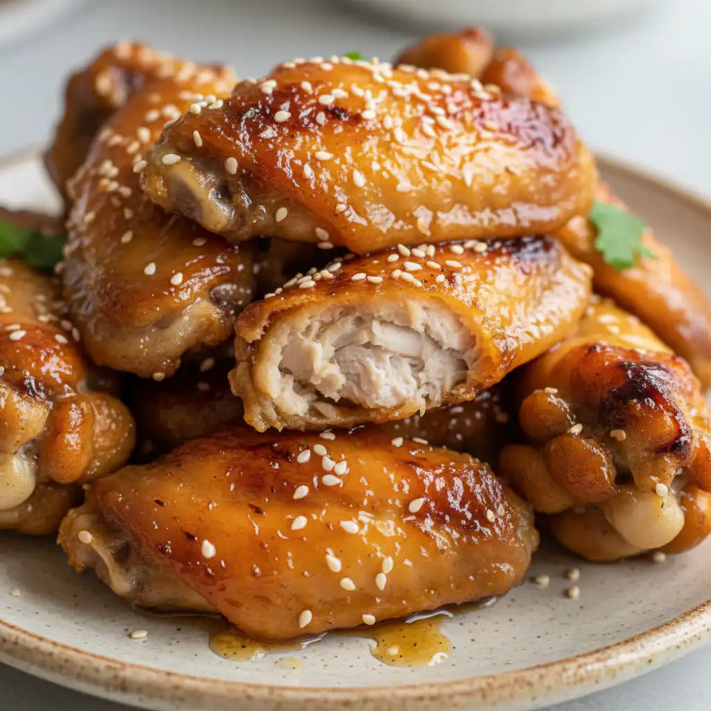 Every Meal, Made Irresistible 8 Crispy honey garlic chicken wings glistening with sticky sauce on a serving platter, ready to eat.