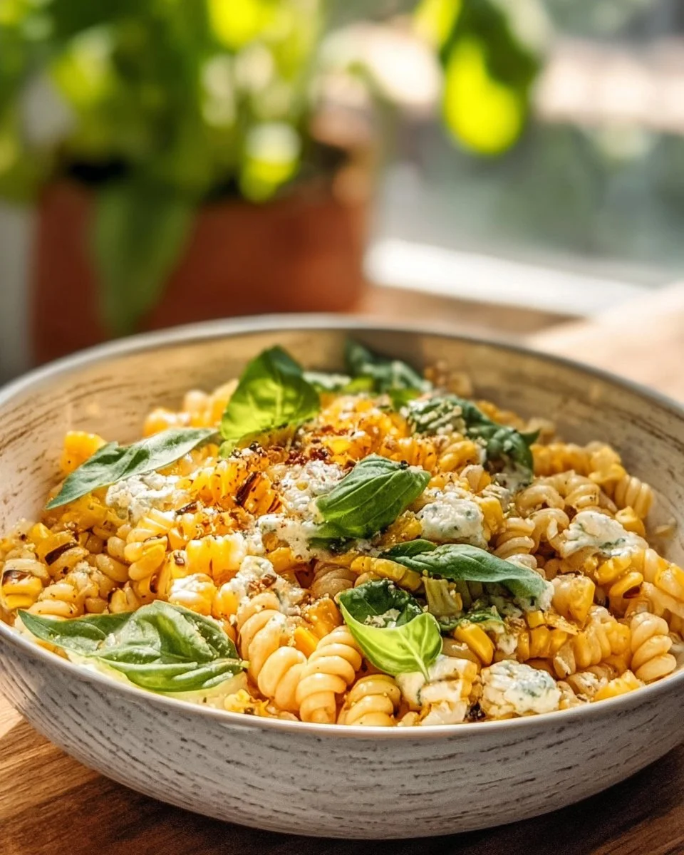 Colorful Juicy Street Corn Pasta Salad served in a bowl with fresh ingredients
