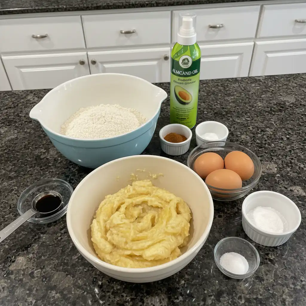keto-banana-bread-ingredients-layout A flat lay of various keto banana bread ingredients like almond flour, eggs, mashed banana, and sweetener arranged on a light surface.