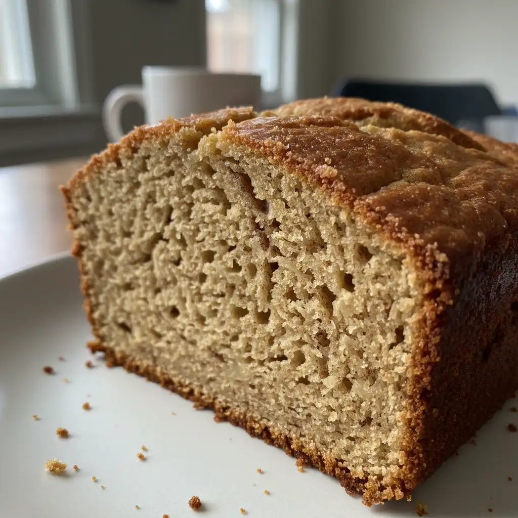 Easy Keto Banana Bread: Low-Carb & Delicious 2 A close-up of a sliced loaf of golden-brown keto banana bread with a moist crumb, ready to be served on a wooden board.