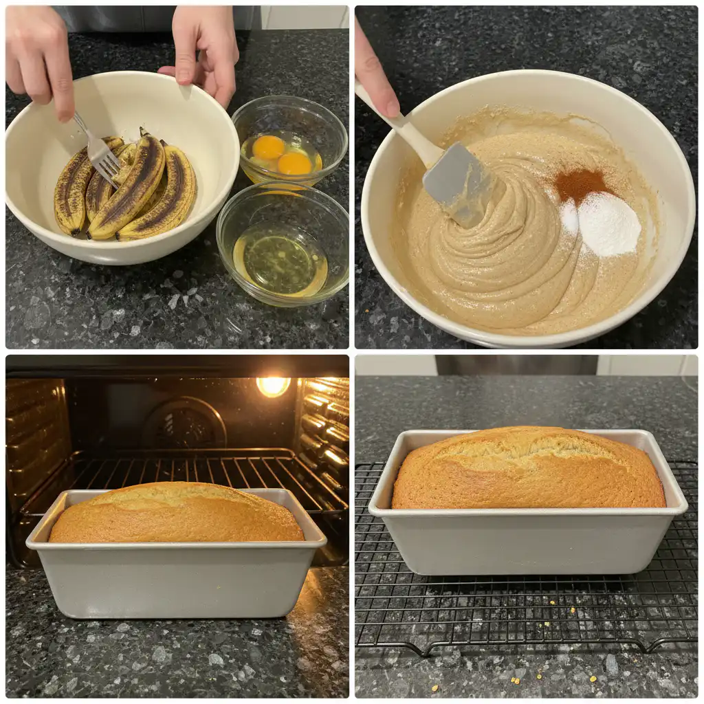 keto-banana-bread-prep-mixing Hands mixing wet and dry ingredients in a large mixing bowl for keto banana bread batter, showing the creamy texture.