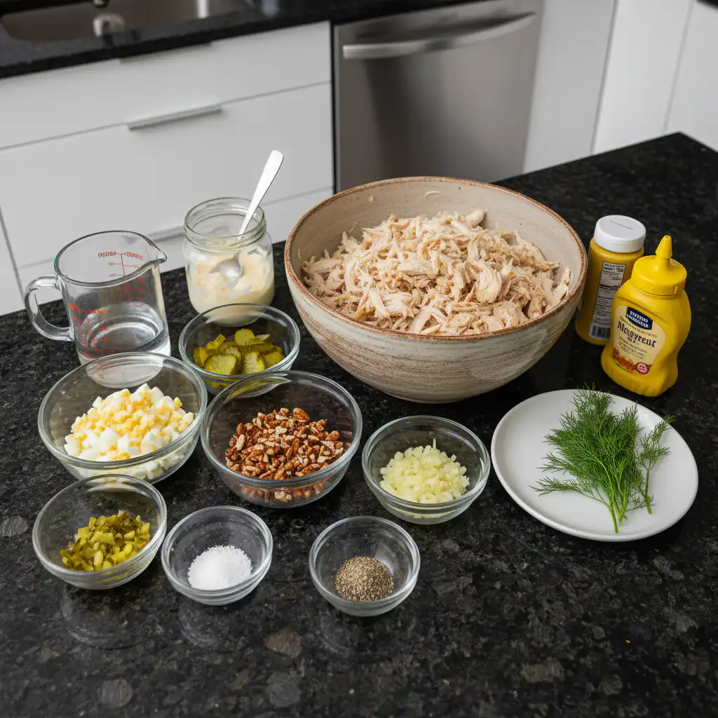 Fresh ingredients laid out for a healthy keto chicken salad, including cooked chicken, mayonnaise, celery, and herbs.