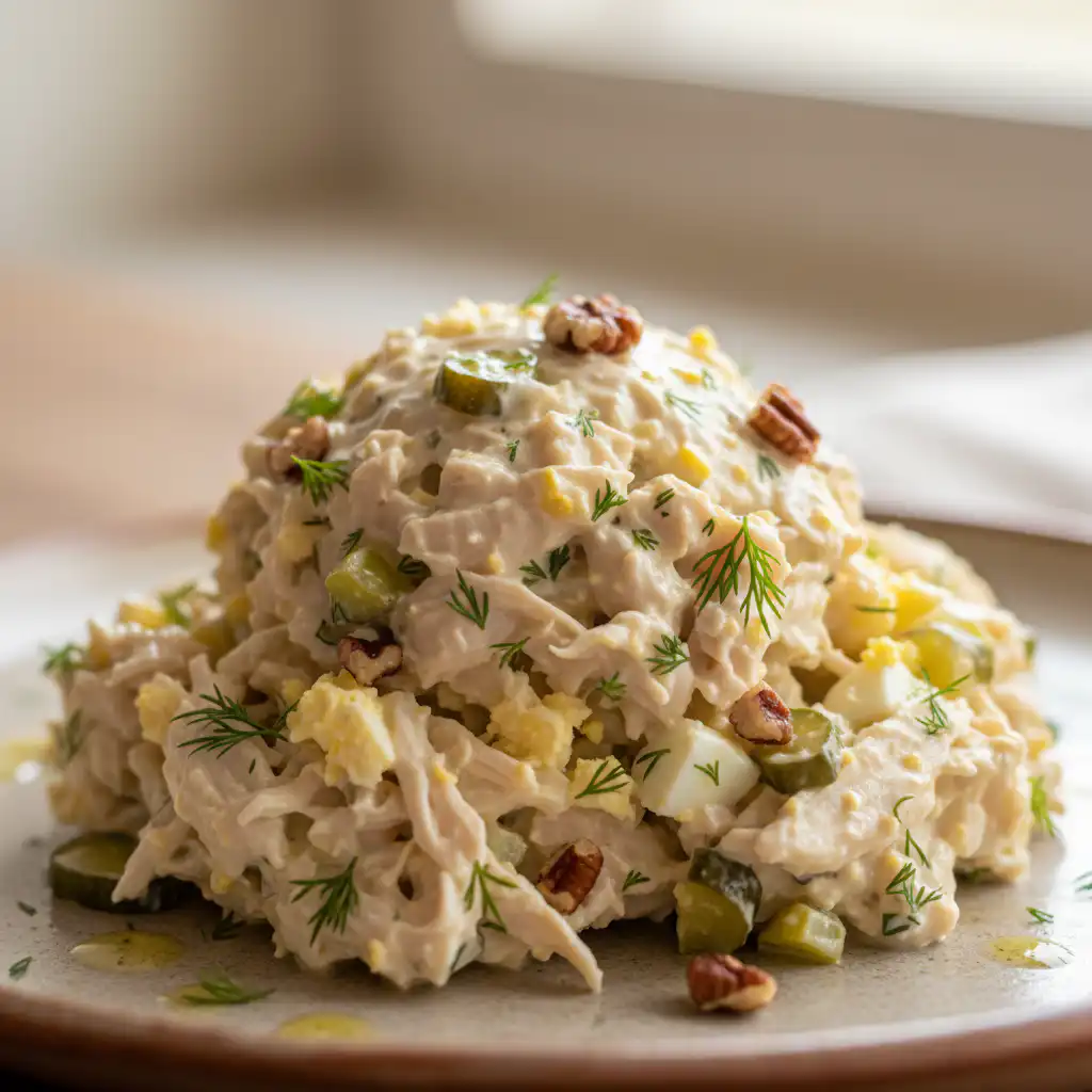 Every Meal, Made Irresistible 7 A creamy bowl of keto chicken salad garnished with fresh dill and crunchy celery on a bed of vibrant lettuce.
