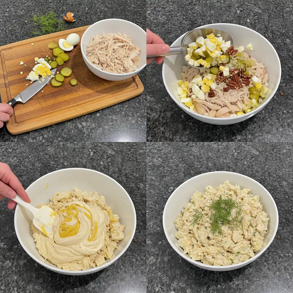 Hands mixing shredded chicken with creamy dressing, celery, and herbs in a bowl during the preparation of keto chicken salad.