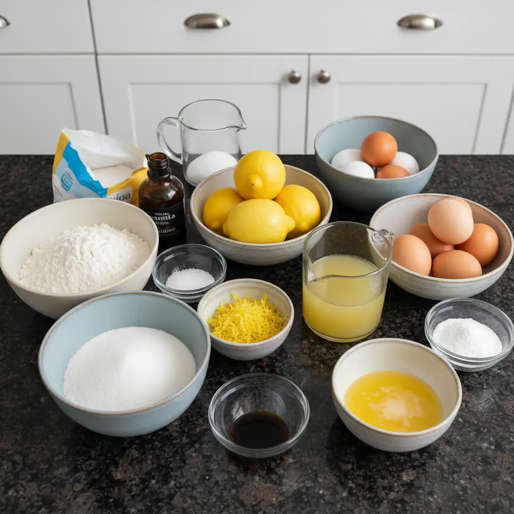 Fresh lemons, butter, flour, sugar, and eggs laid out on a kitchen counter, essential ingredients for lemon bars.