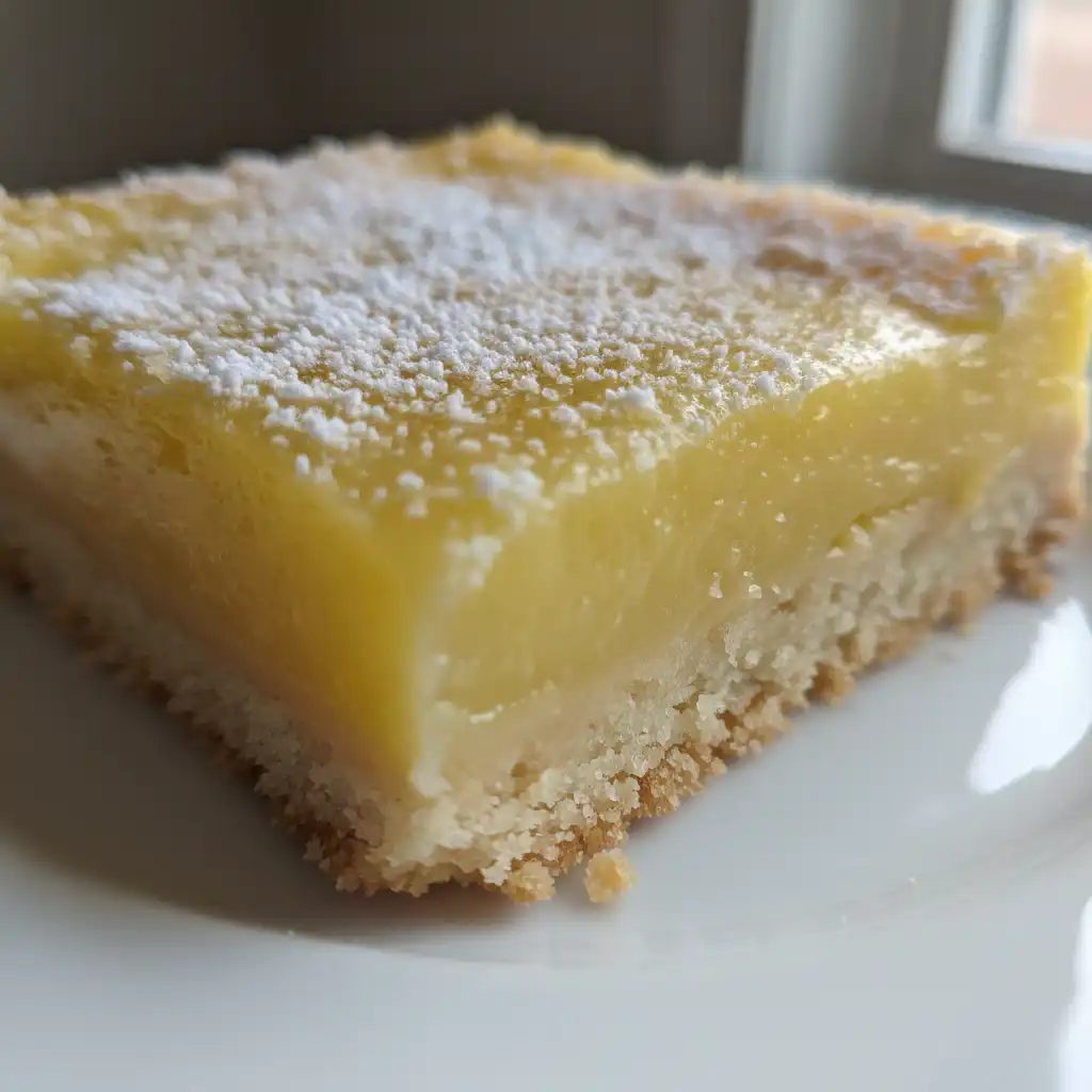 Golden lemon bars with a dusting of powdered sugar arranged neatly on a white plate, ready to be served.