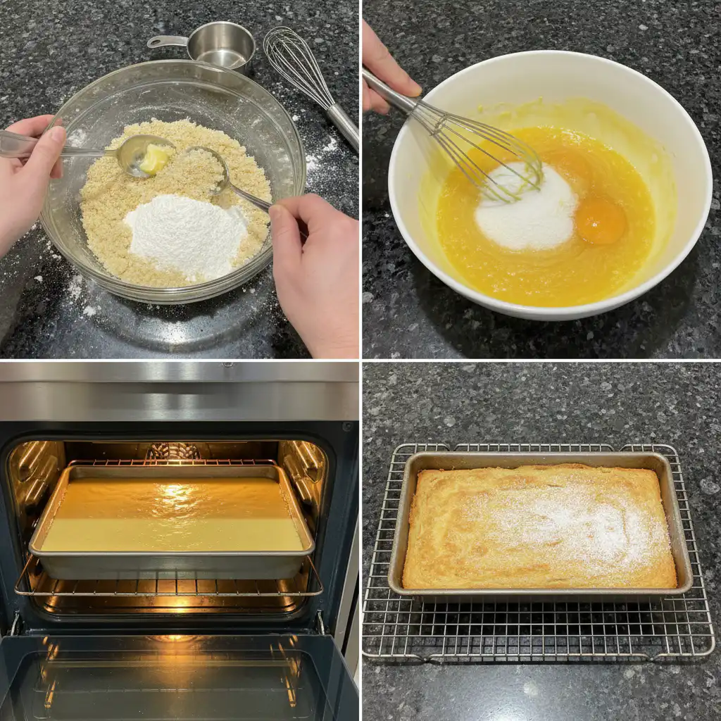 A vibrant yellow lemon filling being poured over a baked shortbread crust in a square baking pan, a key step in making lemon bars.
