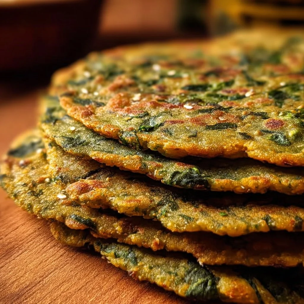 Healthy Lentil Spinach Flatbread on a wooden board