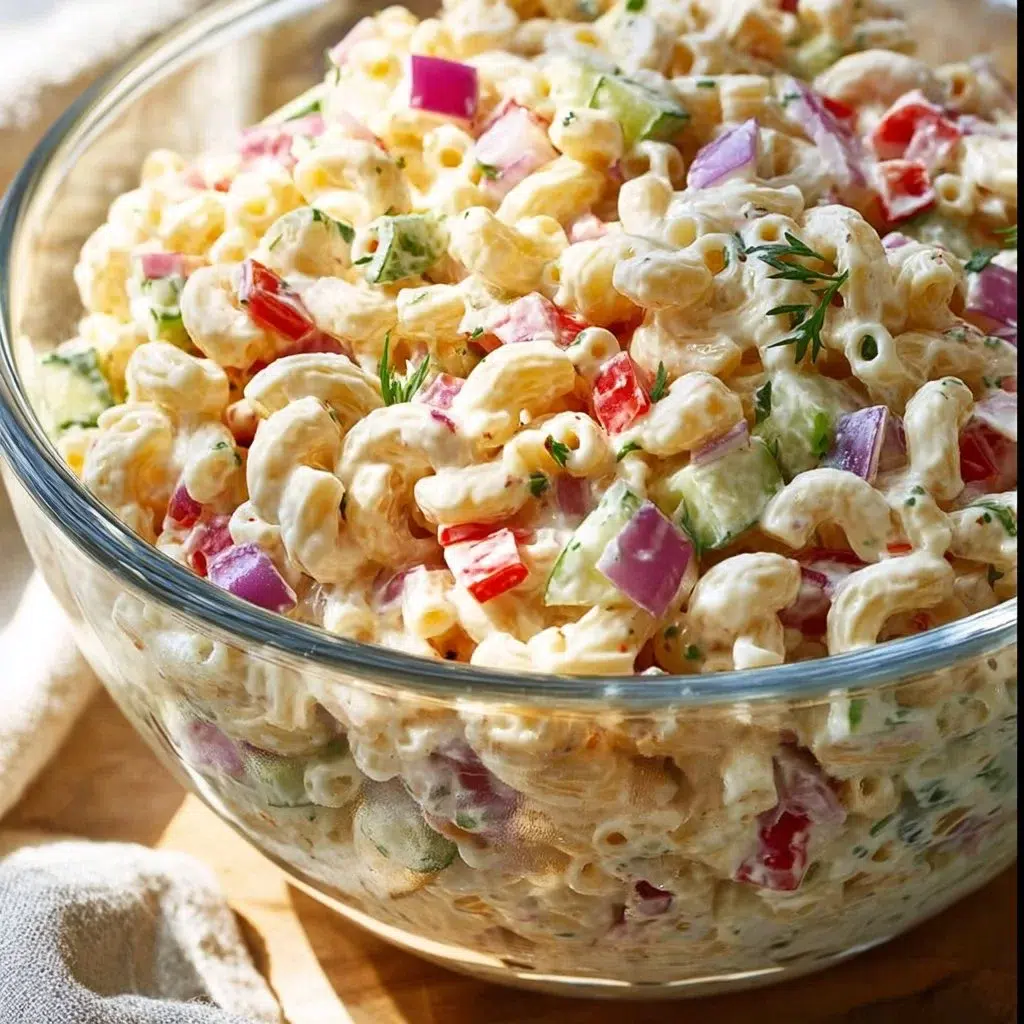 Delicious macaroni salad served in a bowl with fresh vegetables and dressing.