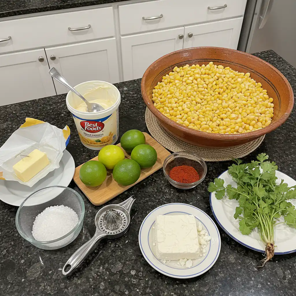 Fresh ingredients for making Mexican street corn, including grilled corn on the cob, cotija, mayo, and lime.
