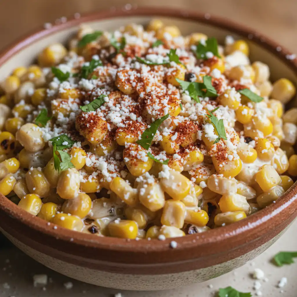 A vibrant bowl of Mexican street corn, grilled and coated with creamy cotija cheese and spices.