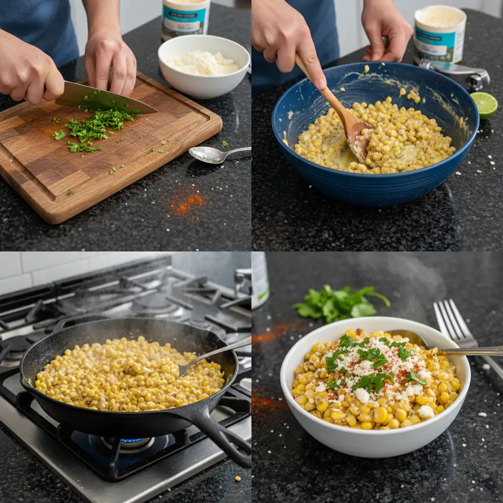 Hands grilling ears of corn on a hot griddle, a key step in preparing authentic Mexican street corn.