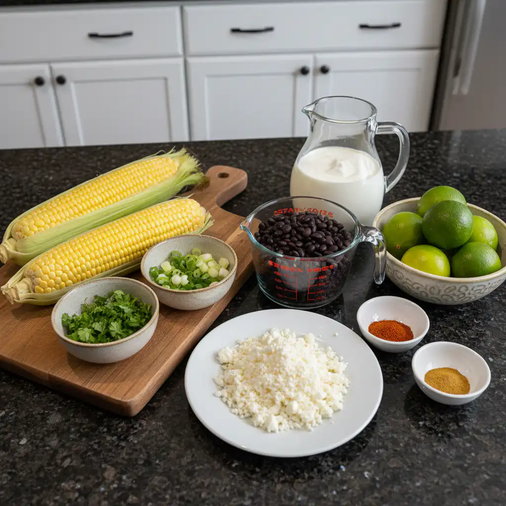 Fresh ingredients for Mexican street corn salad laid out on a wooden board: corn, cilantro, lime, cotija, chili powder.