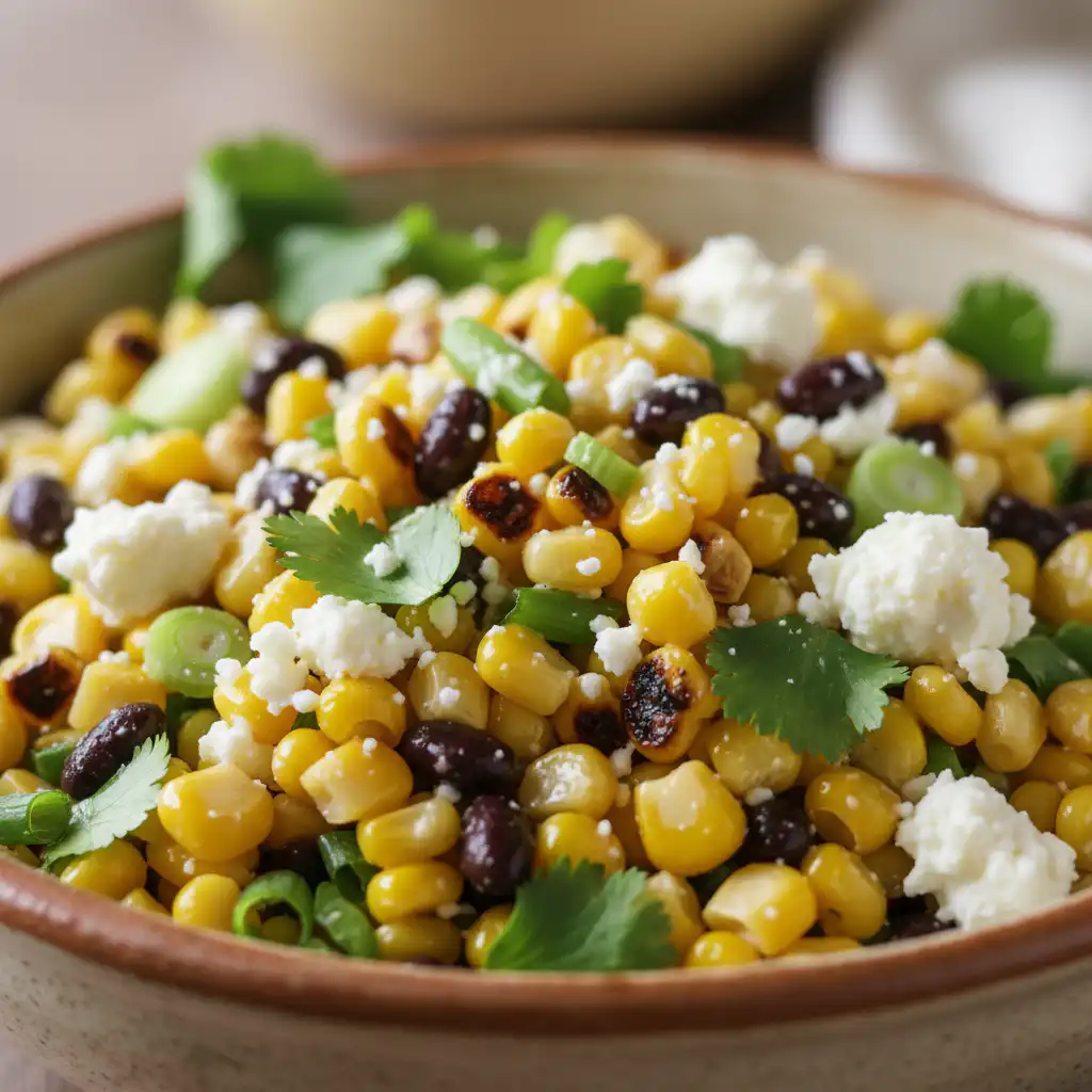 Every Meal, Made Irresistible 10 Vibrant Mexican street corn salad in a white bowl, garnished with cilantro and cotija cheese.