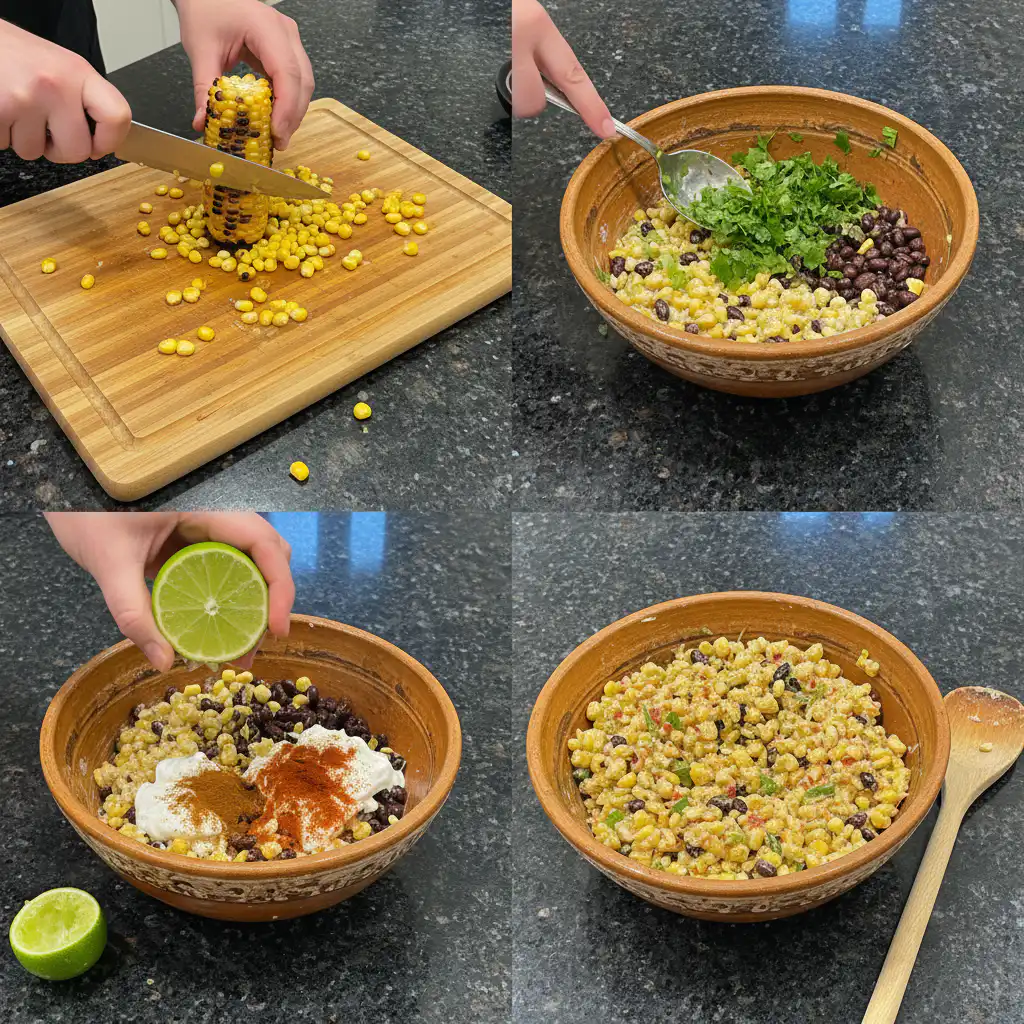 Hands mixing charred corn and dressing in a bowl, a step in making Mexican street corn salad.