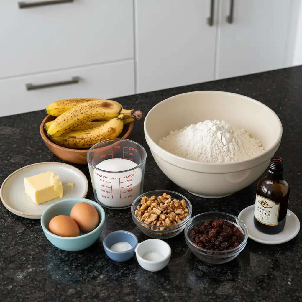 moist-banana-bread-ingredients-mise-en-place Fresh ripe bananas, flour, sugar, and other essential ingredients for moist banana bread laid out on a counter.
