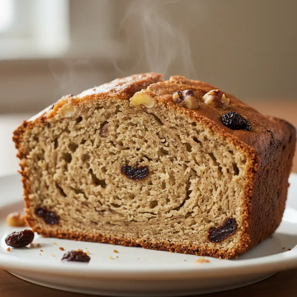 A beautifully golden-brown loaf of moist banana bread, sliced to show its tender crumb and rich texture.