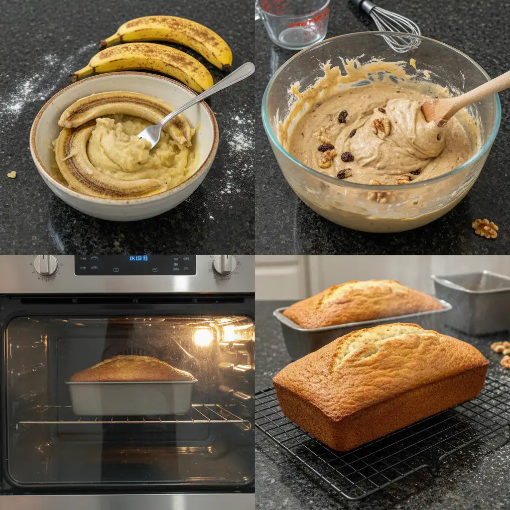 moist-banana-bread-prep-mashing-bananas Hands mashing ripe bananas in a bowl, a key step in making moist banana bread from scratch.