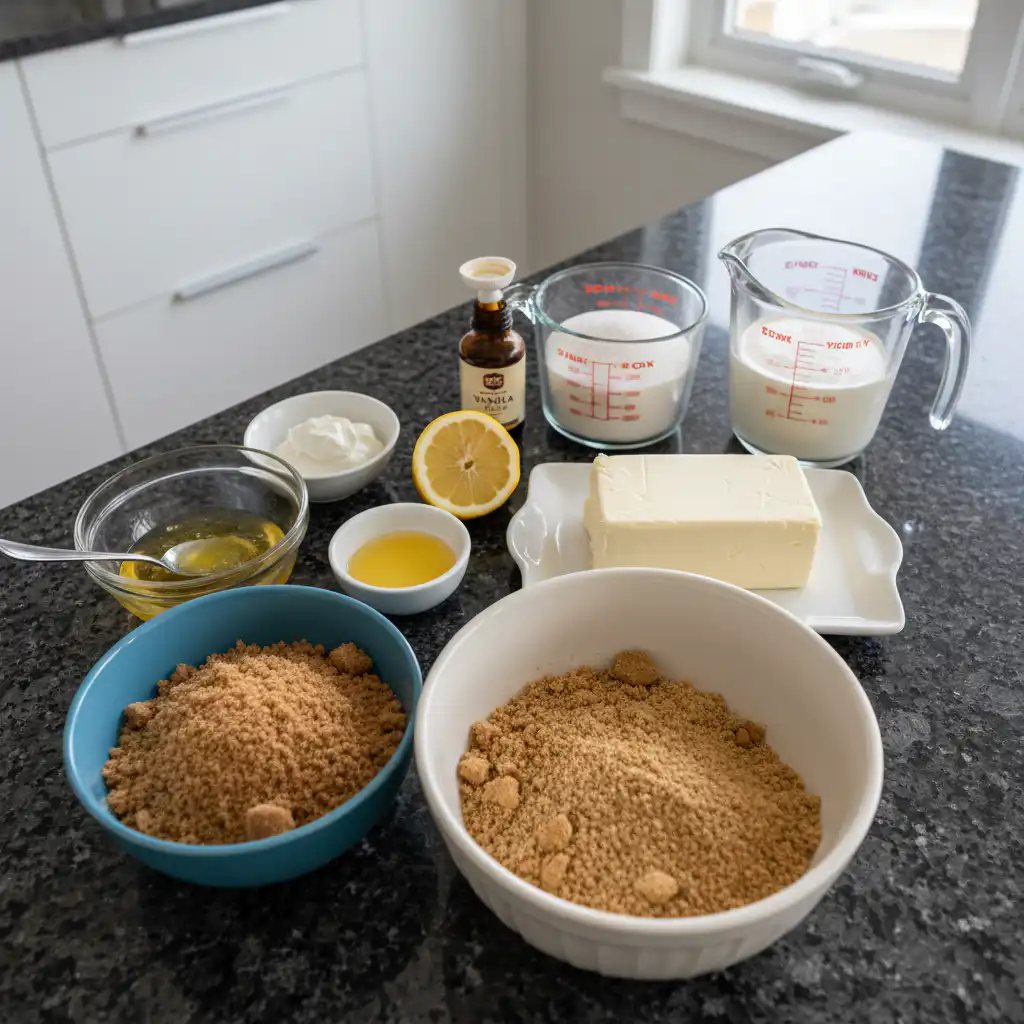 no-bake-cheesecake-cups-ingredients All fresh ingredients for no bake cheesecake cups laid out on a kitchen counter, including cream cheese, graham crackers, sugar, lemon, and mixed berries.