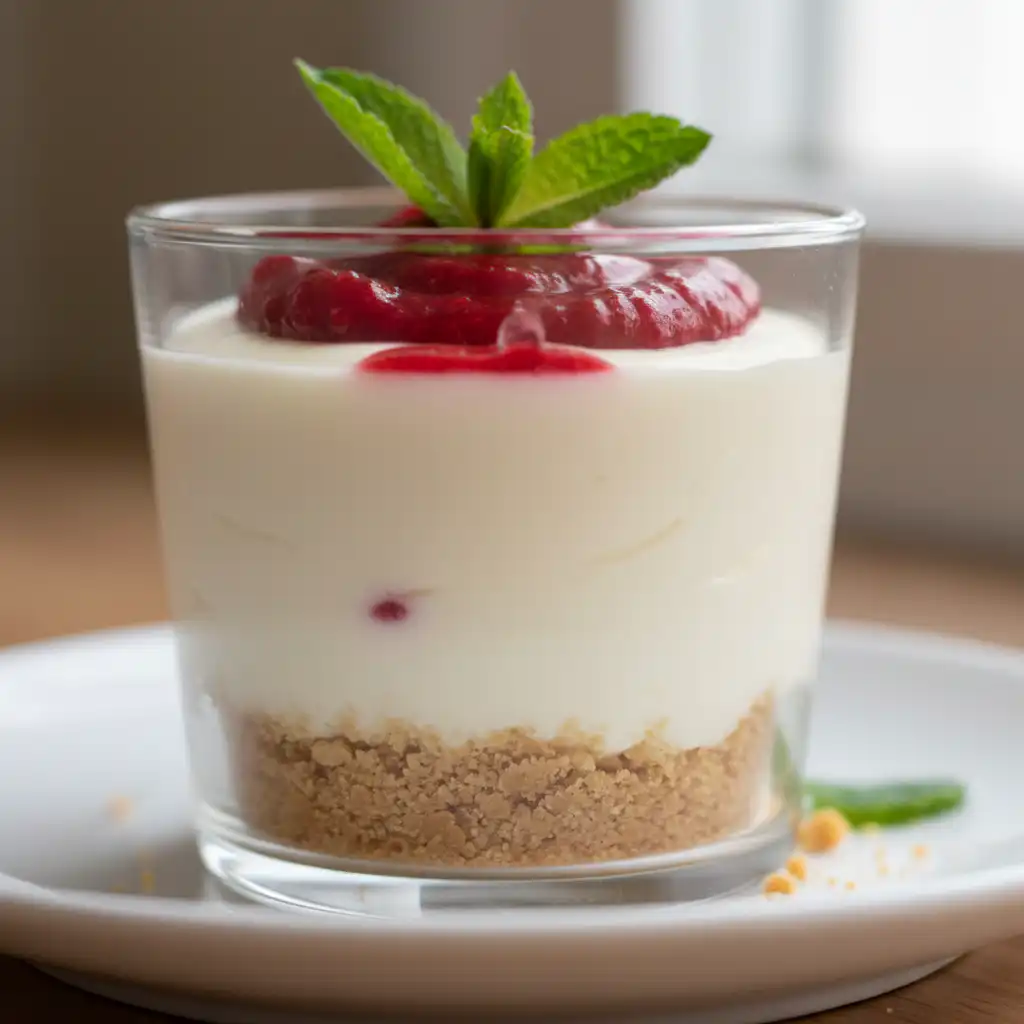 Every Meal, Made Irresistible 5 A perfectly portioned no bake cheesecake cup, garnished with fresh raspberries and a dollop of whipped cream on a bright white surface.