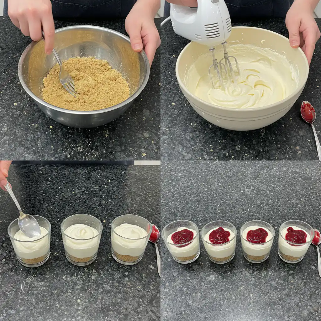 no-bake-cheesecake-cups-prep-step A person's hands gently spooning the creamy cheesecake filling into individual cups over a graham cracker base for no bake cheesecake cups.