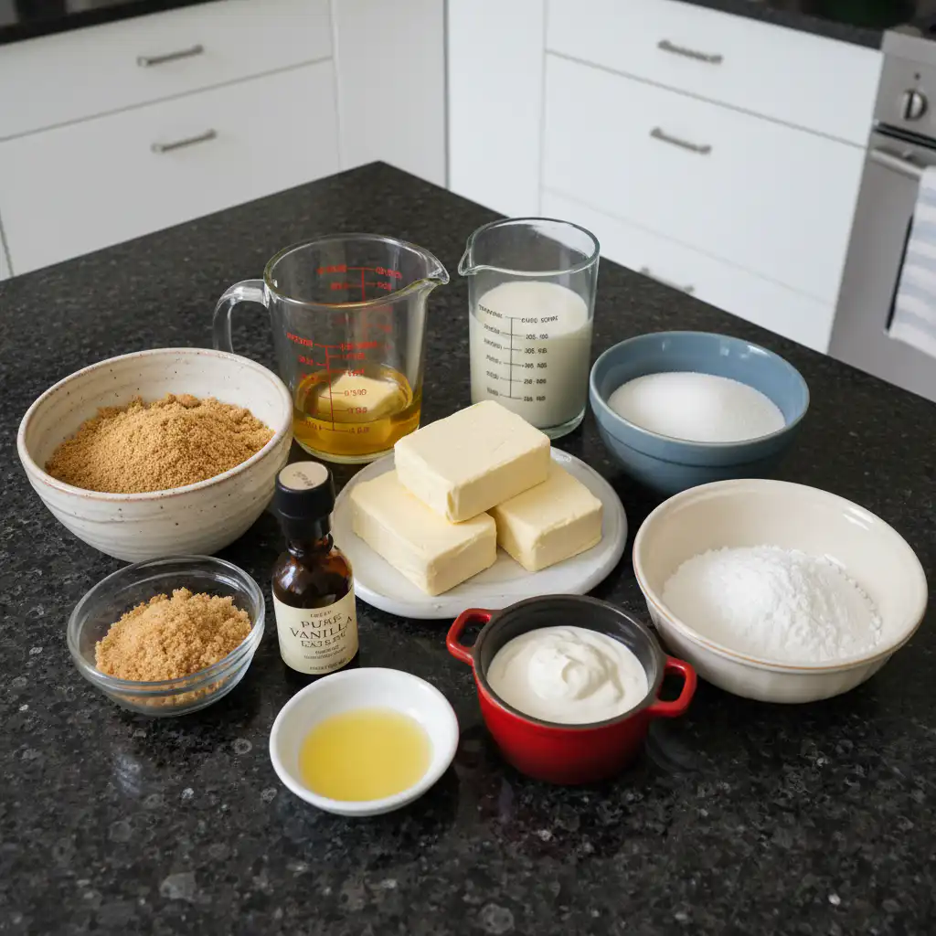 no-bake-cheesecake-ingredients-list A flat lay of fresh ingredients laid out for making no bake cheesecake, including cream cheese, graham crackers, and berries.