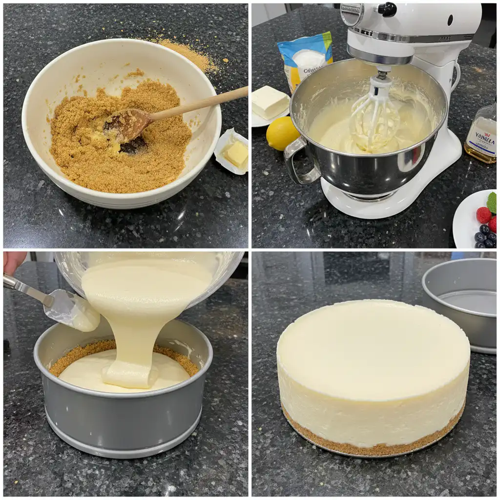 no-bake-cheesecake-prep-crust Hands pressing a graham cracker crust into a pie pan, a crucial step for a no bake cheesecake.