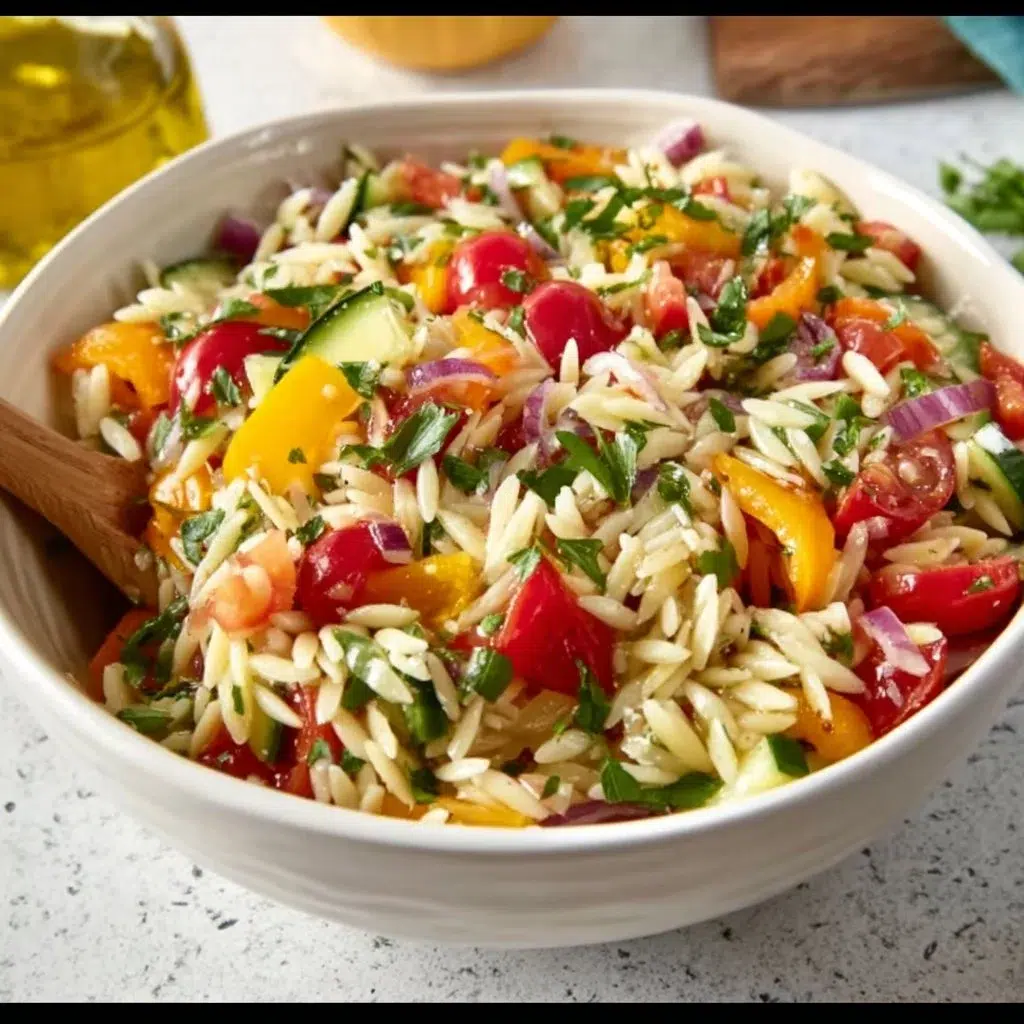 Delicious orzo salad with vibrant vegetables and dressing