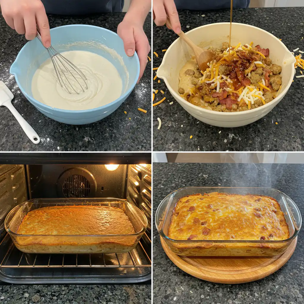 Assembling cardamom pancake casserole in a glass baking dish with fluffy pancakes, bananas, and berries