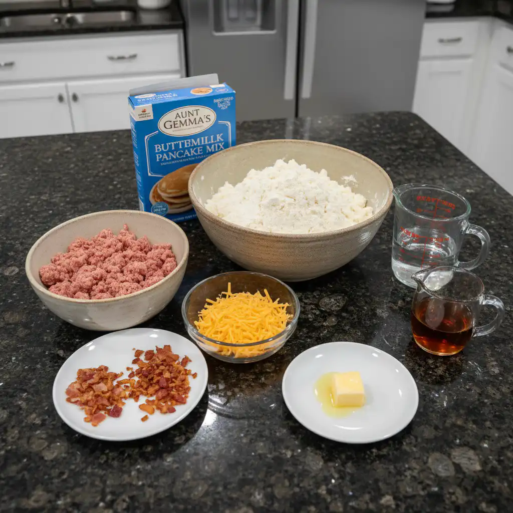 Fresh ingredients for a pancake casserole, including eggs, milk, flour, berries, and syrup, arranged on a rustic counter.