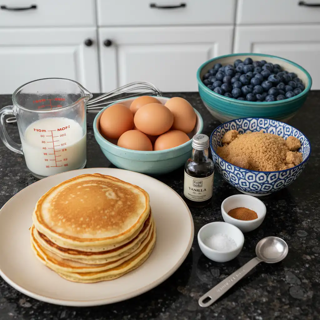 Fresh ingredients laid out for a delicious pancake casserole, including eggs, flour, milk, and ripe berries.