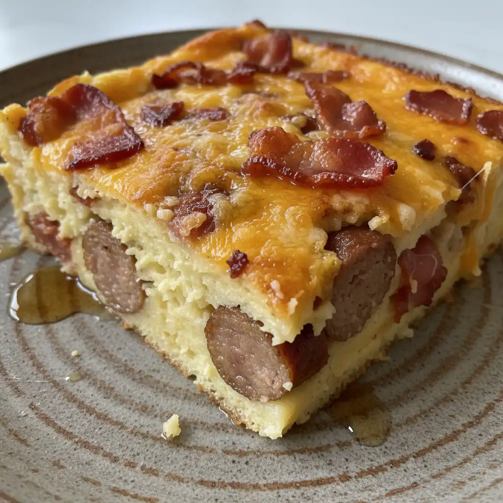 A golden brown pancake casserole, topped with fresh berries and a drizzle of maple syrup, ready to serve.