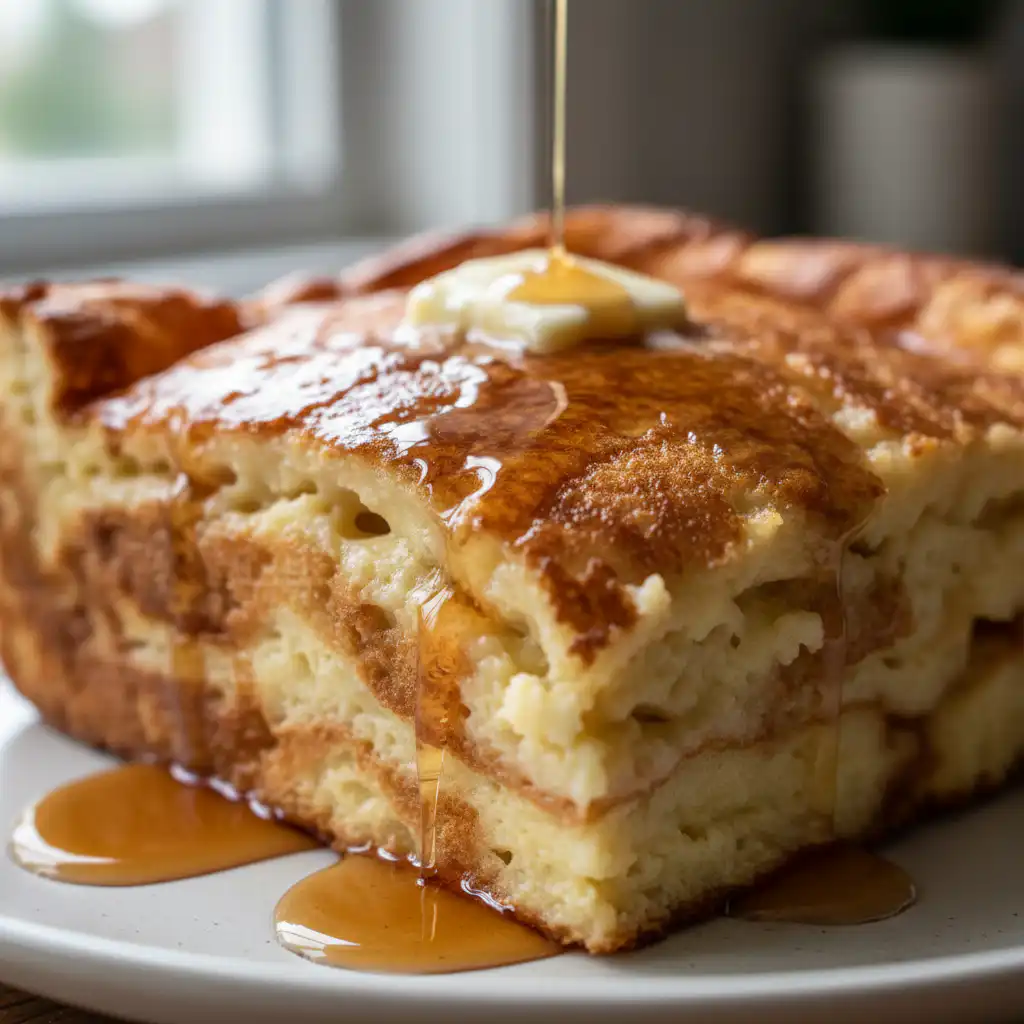 Brown butter streusel pancake casserole baked to golden perfection with berries and maple syrup