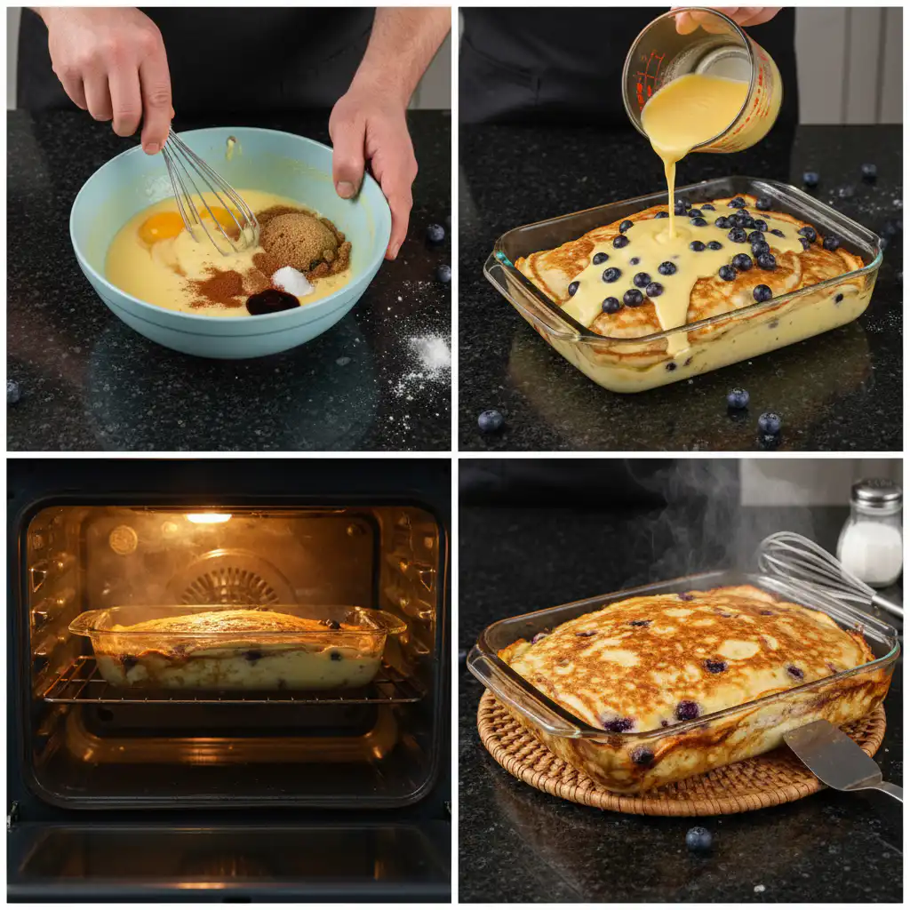 Hands pouring a smooth batter into a baking dish, preparing a delicious pancake casserole.