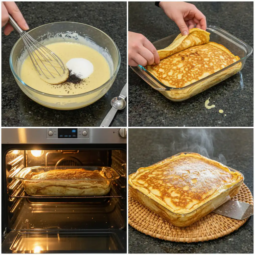 pancake-casserole-preparation Hands layering brown butter streusel pancake casserole with fluffy pancakes and fresh berries in a baking dish