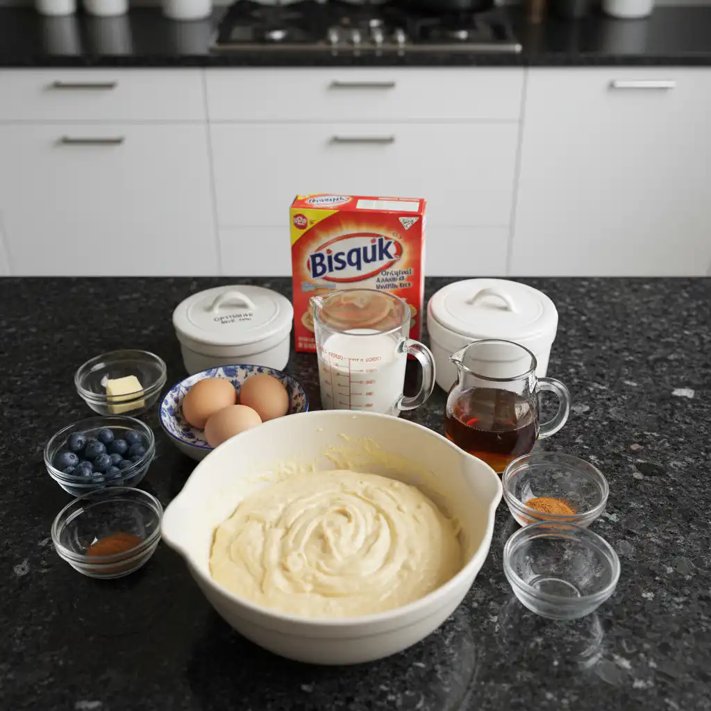 easy pancake muffins ingredients laid out with flour eggs milk and blueberries