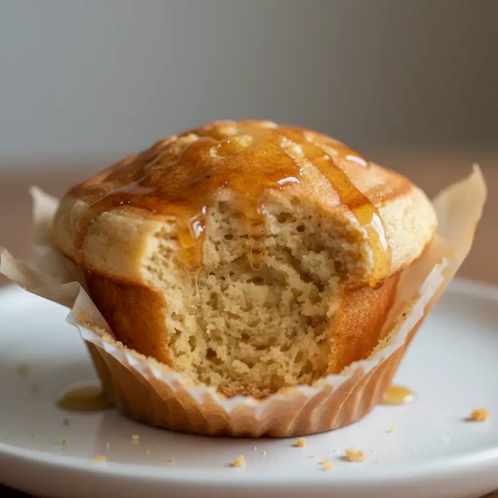 A close-up of golden brown pancake muffins topped with syrup and fresh berries, ready to be served.